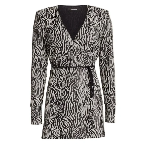 ANDAMANE Bonnie Zebra Bianca Sequin Wrap Dress, Black/Silver, Small - Picture 2 of 9